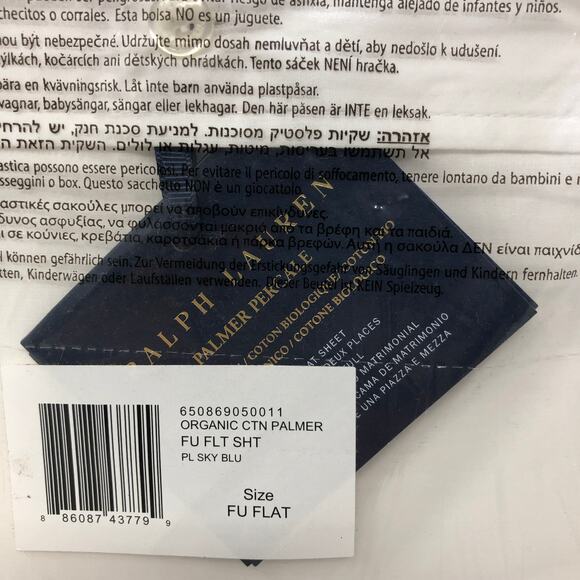 Ralph Lauren Organic Cotton Percale Palmer Full Flat Sheet White Pale Sky Blue - Picture 3 of 10